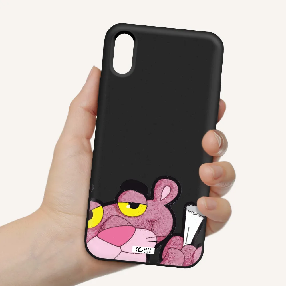 a cartoon of a pink bear Apple iPhone X Silicone black Case