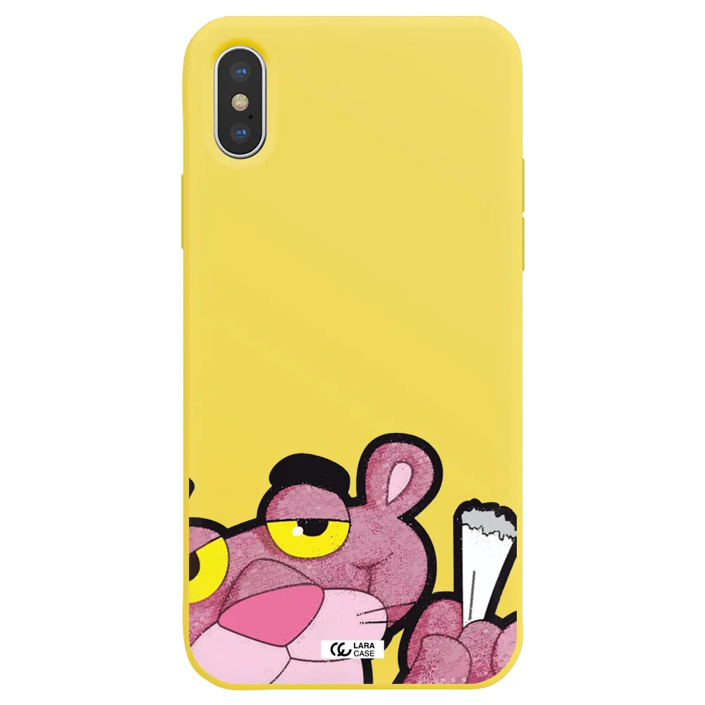 a cartoon of a pink bear Apple iPhone X Silicone canary yellow Case