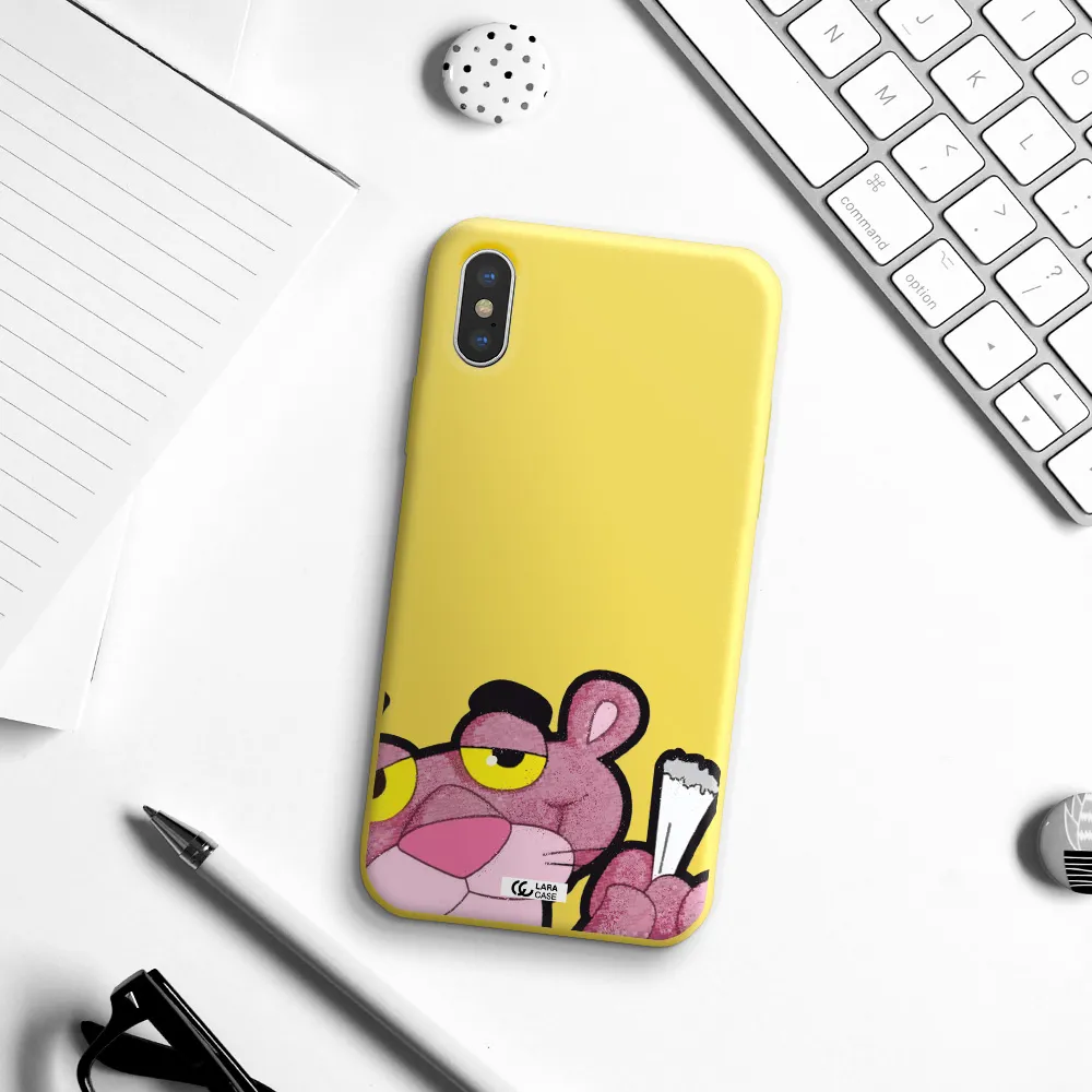 a cartoon of a pink bear Apple iPhone X Silicone canary yellow Case