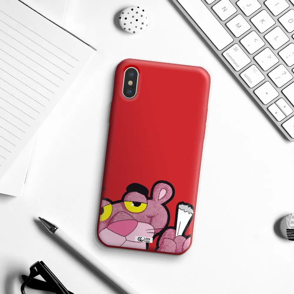 a cartoon of a pink bear Apple iPhone X Silicone Imperial Red Case