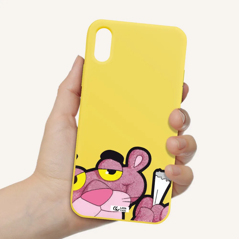 a cartoon of a pink bear Apple iPhone XS Silicone canary yellow Case