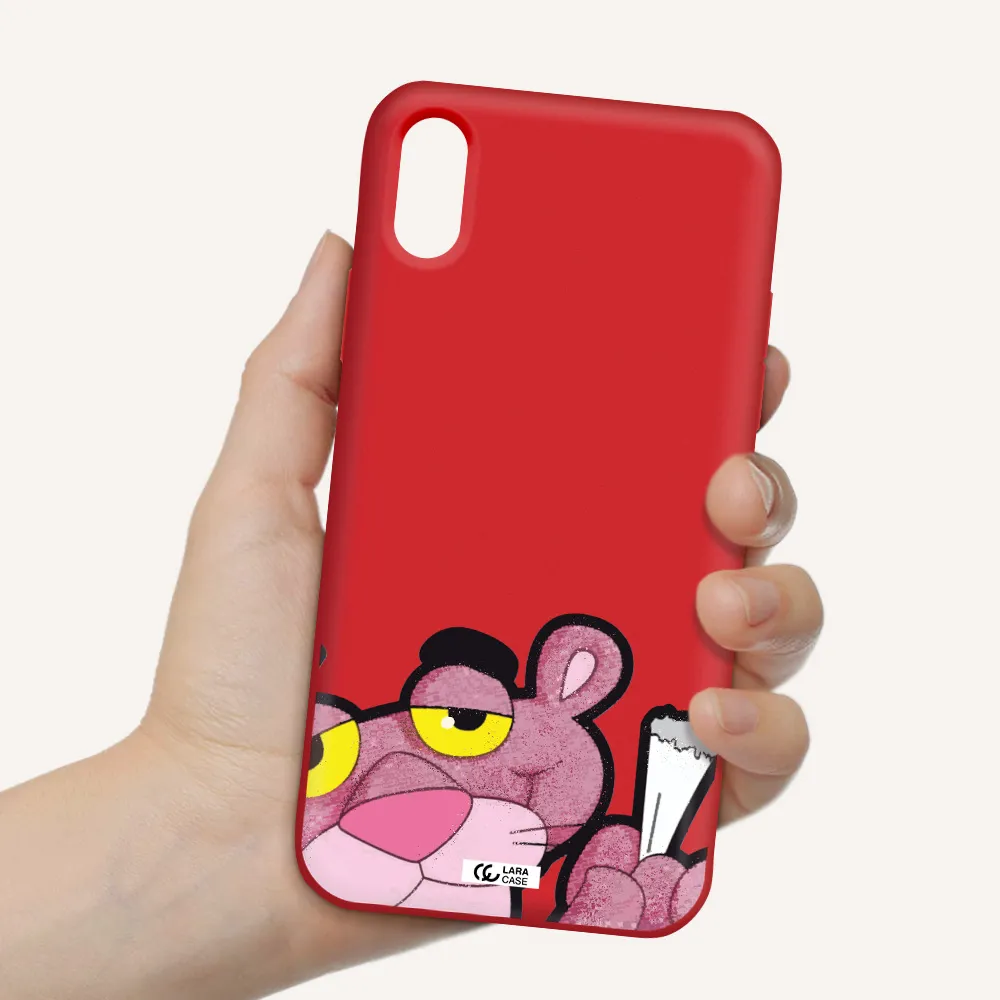 a cartoon of a pink bear Apple iPhone XS Silicone Imperial Red Case