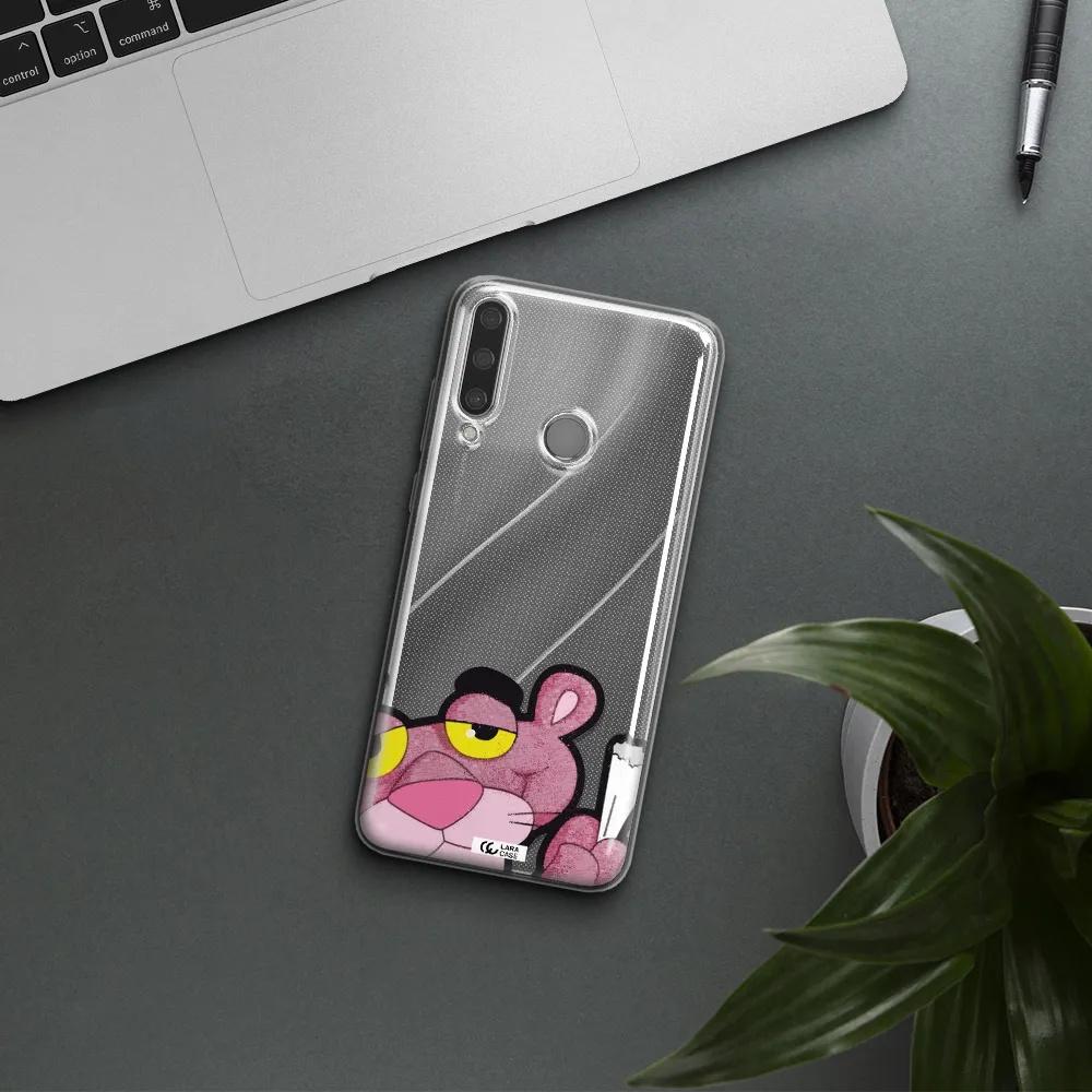 a cartoon of a pink bear Huawei Y6P Clear TPU Case
