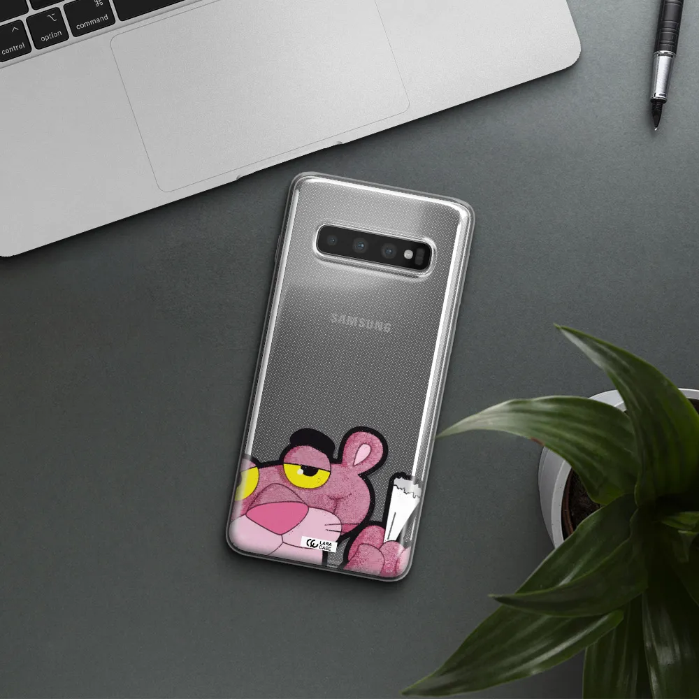 a cartoon of a pink bear Samsung S10 Clear TPU Case