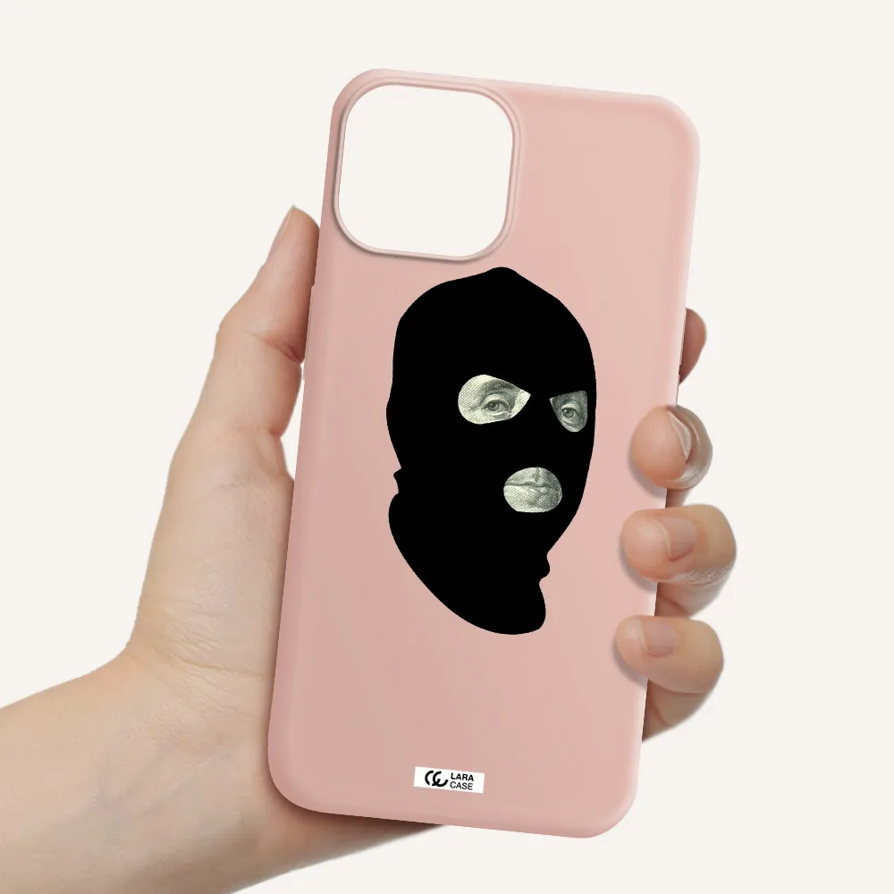 a person wearing a mask Apple iPhone 13 Silicone pastel pink Case