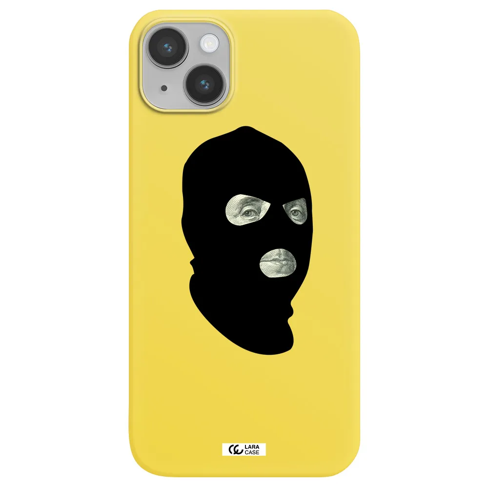 a person wearing a mask Apple iPhone 14 plus Silicone canary yellow Case