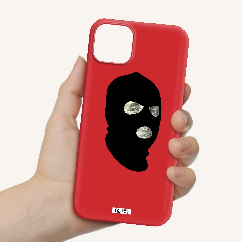 a person wearing a mask Apple iPhone 14 plus Silicone Imperial Red Case