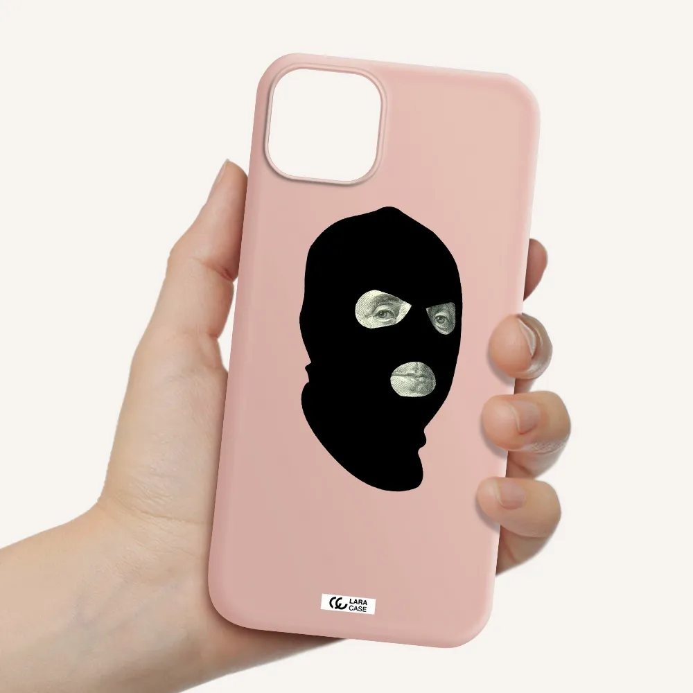 a person wearing a mask Apple iPhone 14 plus Silicone pastel pink Case