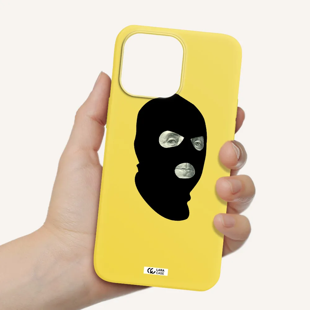 a person wearing a mask Apple iPhone 14 pro Silicone canary yellow Case