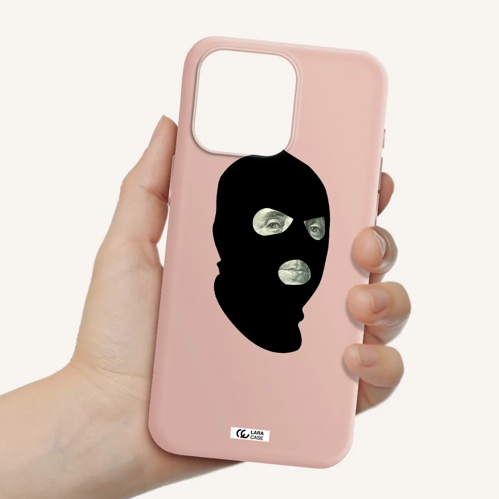 a person wearing a mask Apple Iphone 15 Pro max Silicone pastel pink Case