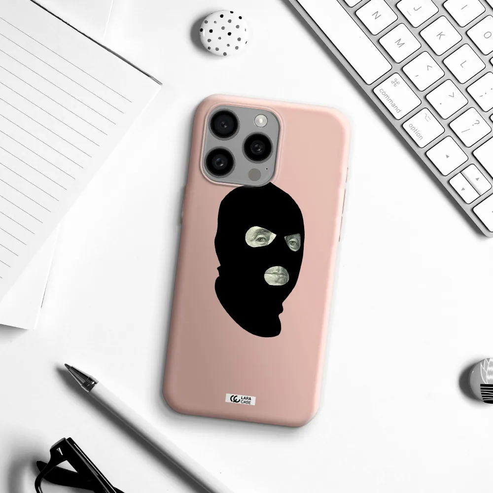 a person wearing a mask Apple Iphone 15 Pro max Silicone pastel pink Case