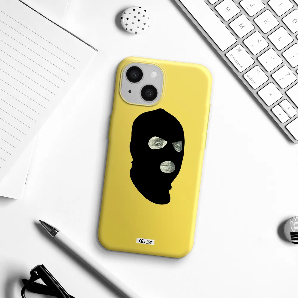 a person wearing a mask Apple iPhone 15 Silicone canary yellow Case