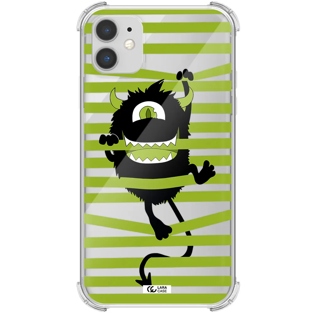 a black monster with horns and green stripes Apple iPhone 11 Clear PC Case