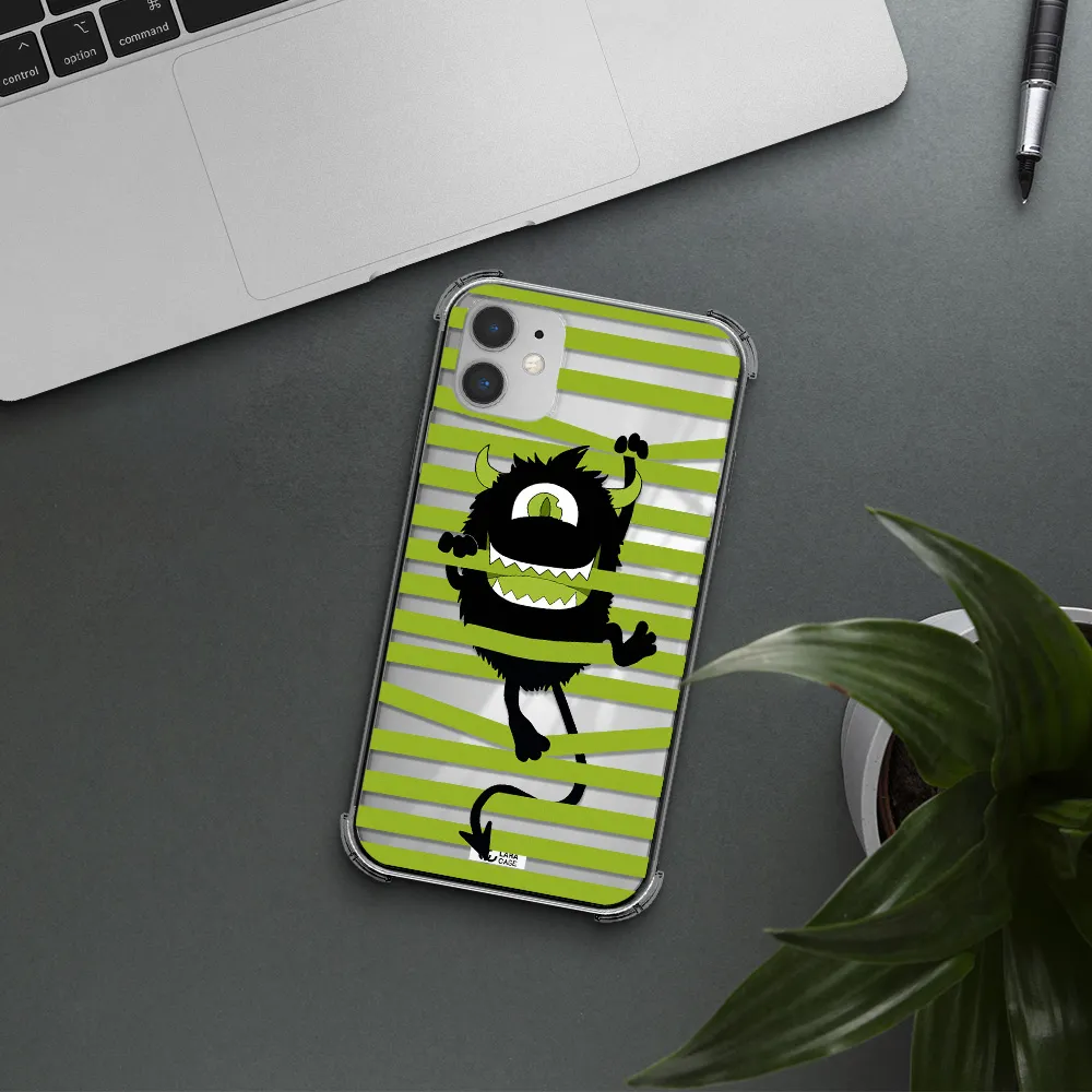 a black monster with horns and green stripes Apple iPhone 11 Clear PC Case