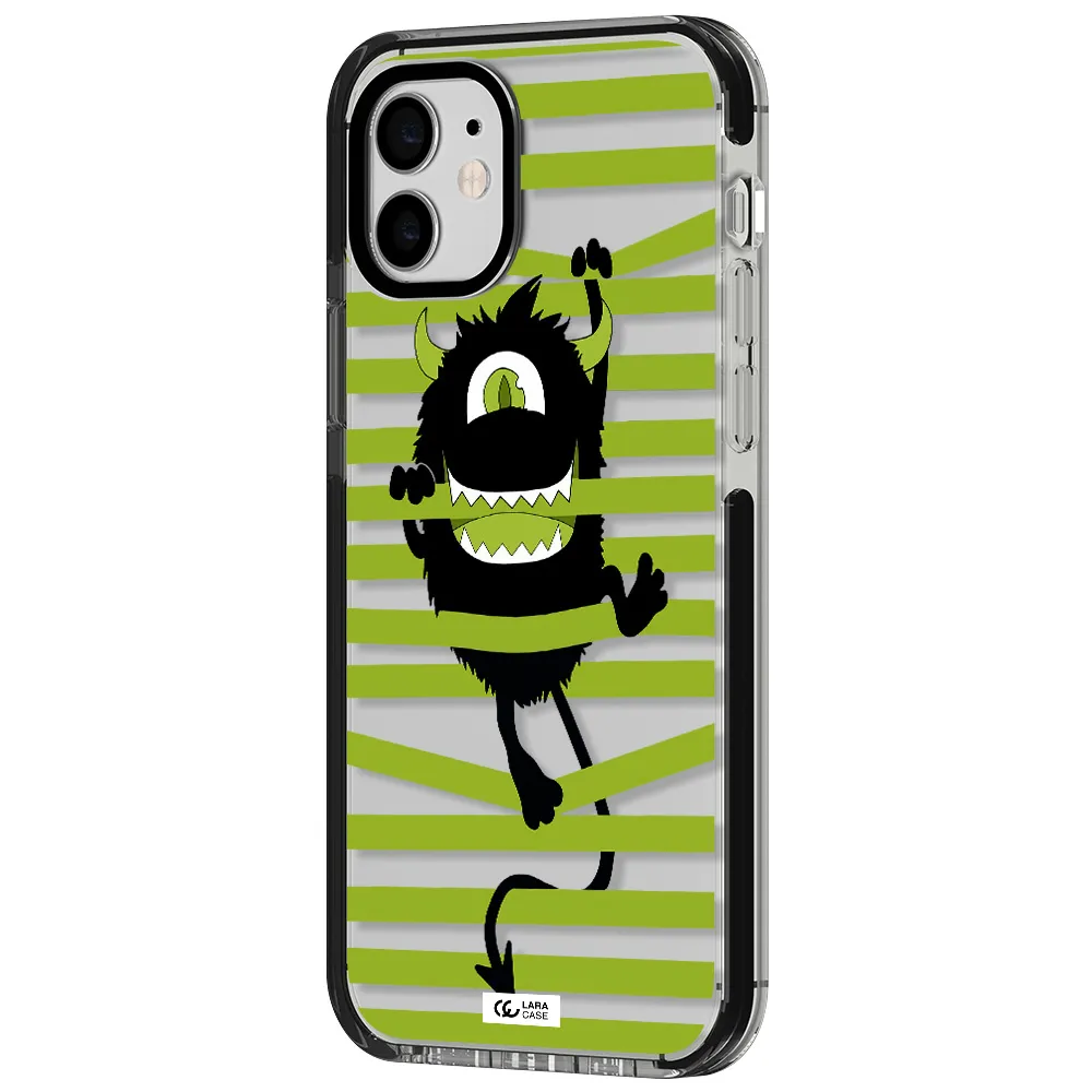 a black monster with horns and green stripes Apple iPhone 11 impact black border Case