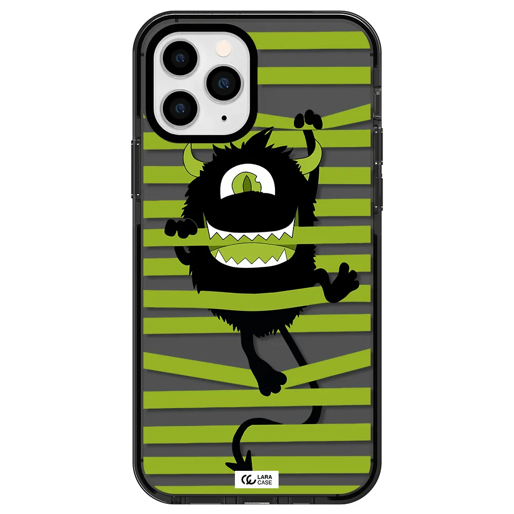 a black monster with horns and green stripes Apple iPhone 11 pro impact Smoke Black Case