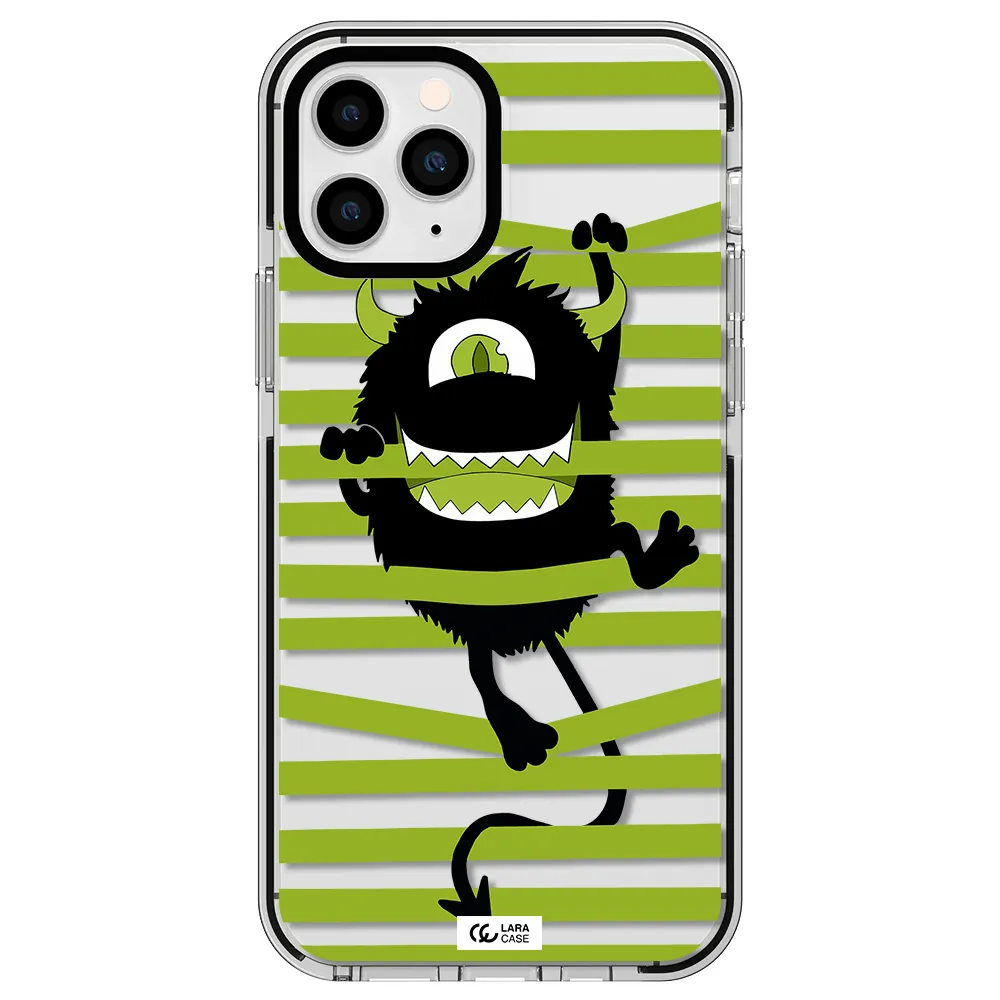 a black monster with horns and green stripes Apple iPhone 11 pro max impact black border Case