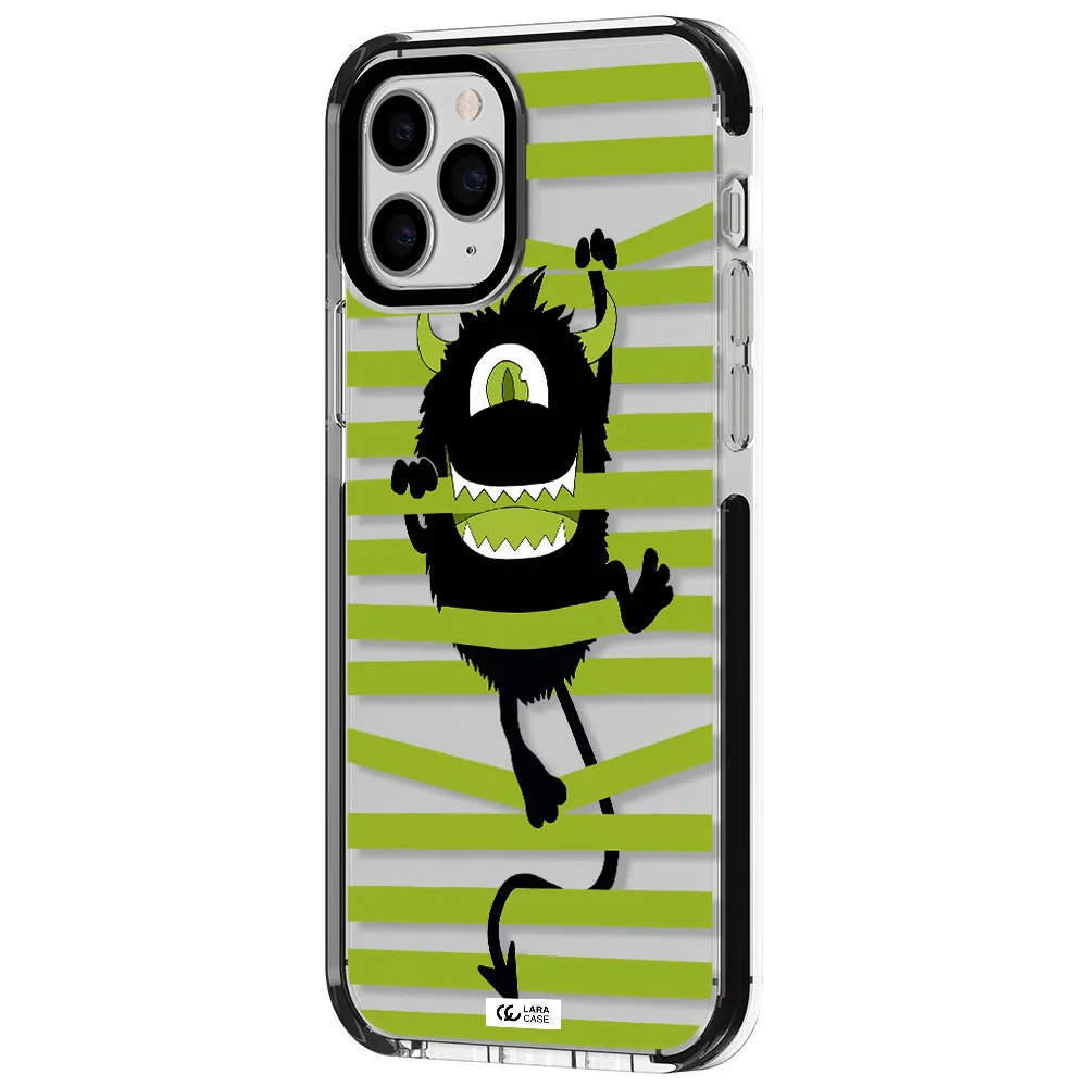 a black monster with horns and green stripes Apple iPhone 11 pro max impact black border Case