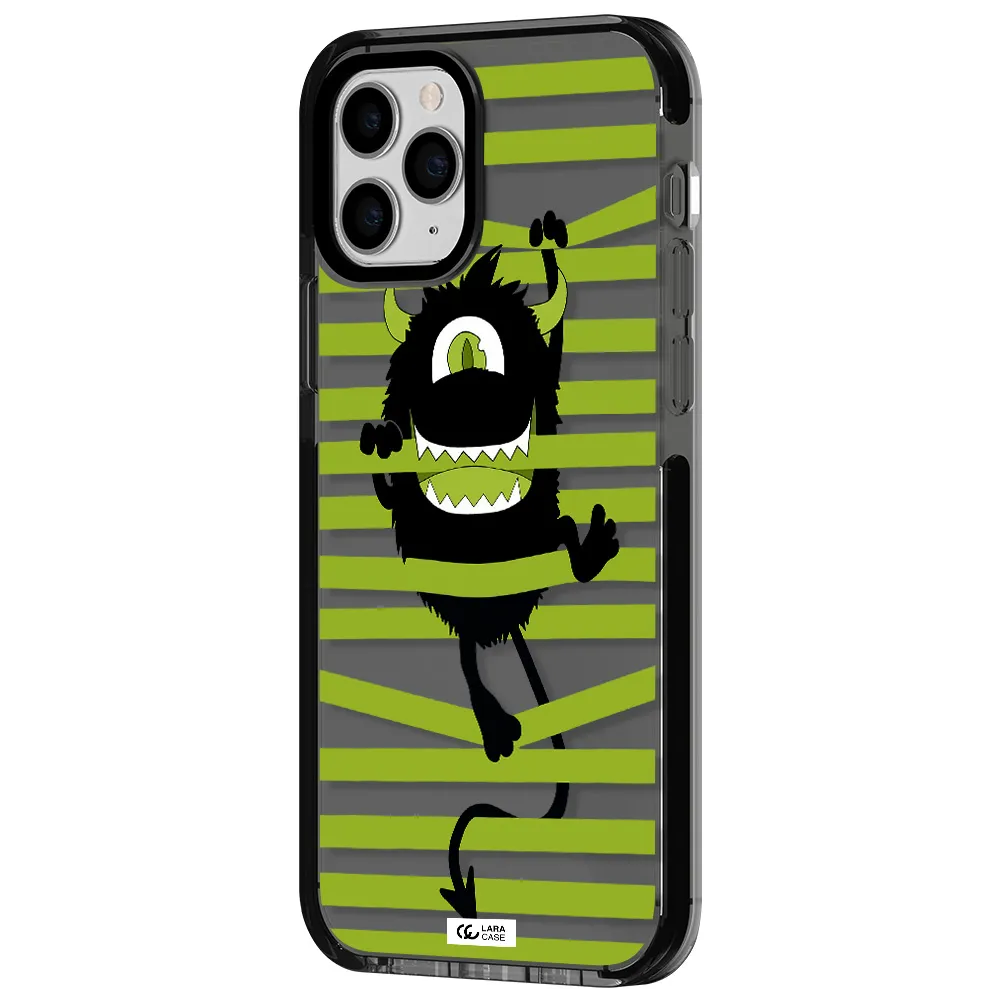 a black monster with horns and green stripes Apple iPhone 11 pro max impact Smoke Black Case