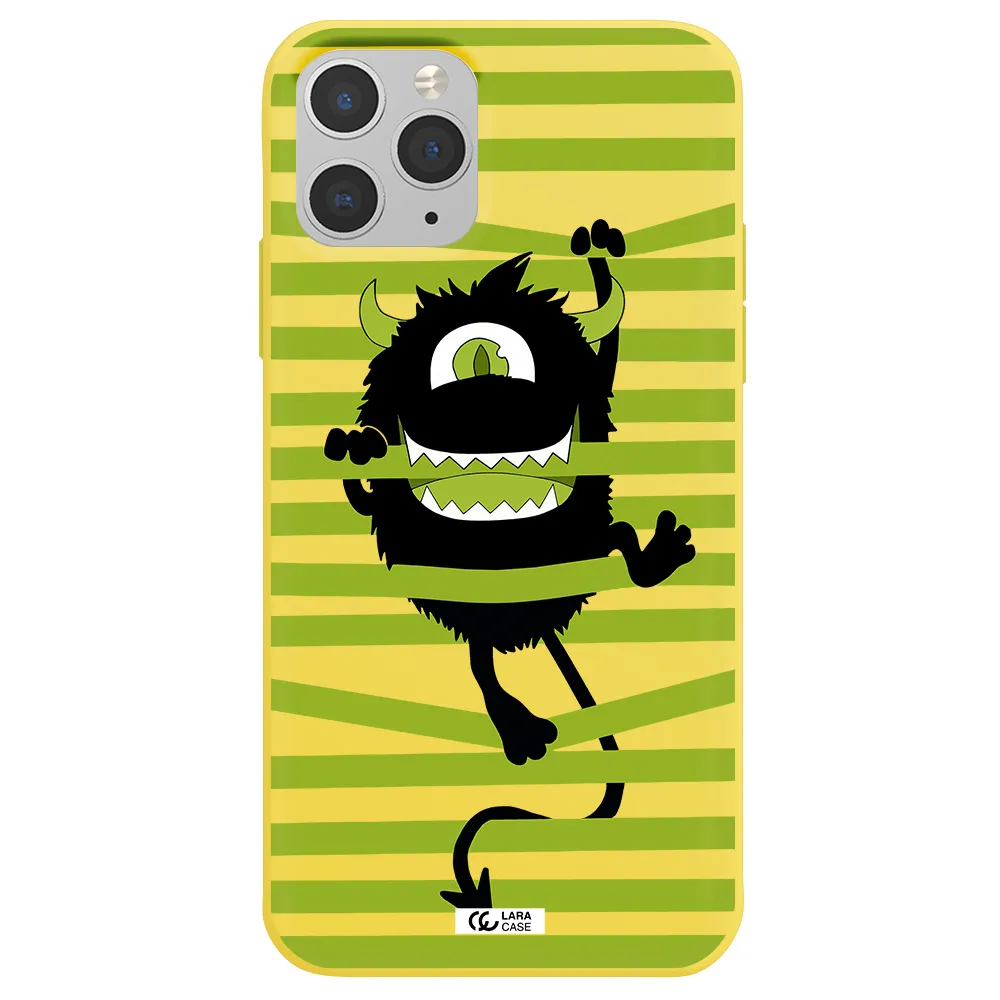 a black monster with horns and green stripes Apple iPhone 11 pro max Silicone canary yellow Case