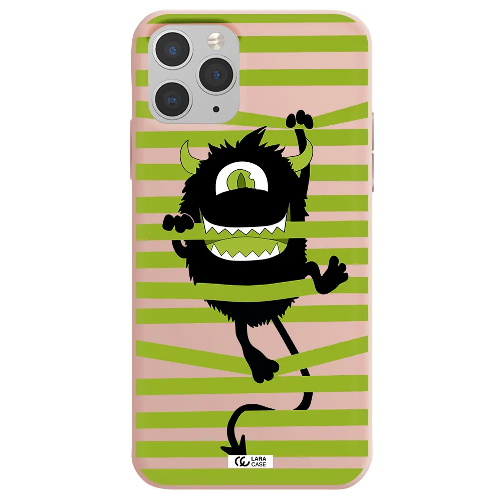 a black monster with horns and green stripes Apple iPhone 11 pro max Silicone pastel pink Case