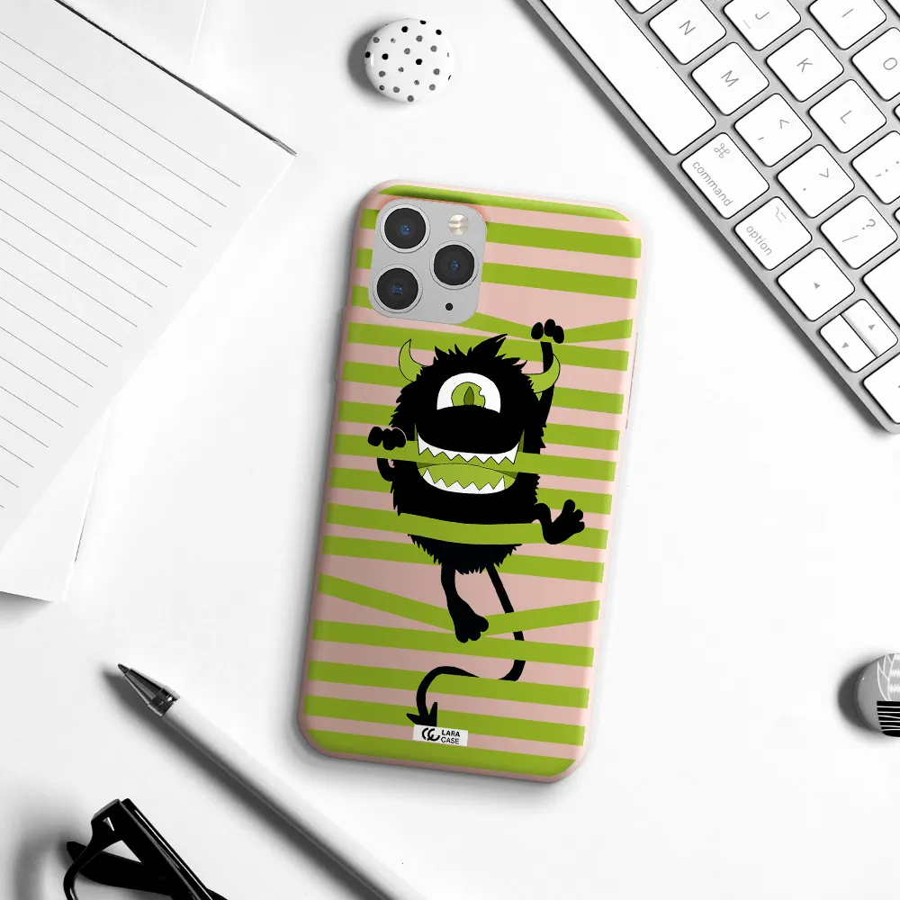 a black monster with horns and green stripes Apple iPhone 11 pro max Silicone pastel pink Case