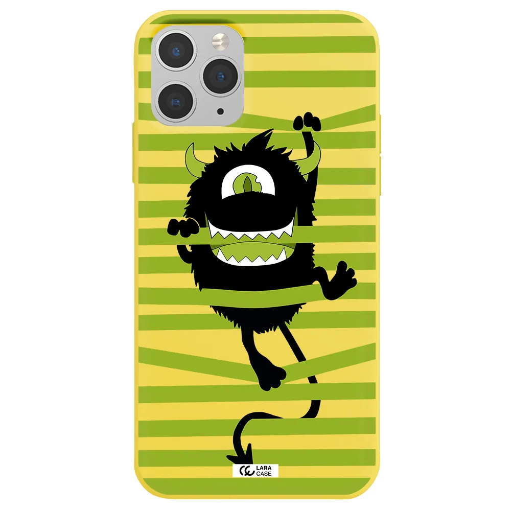 a black monster with horns and green stripes Apple iPhone 11 pro Silicone canary yellow Case