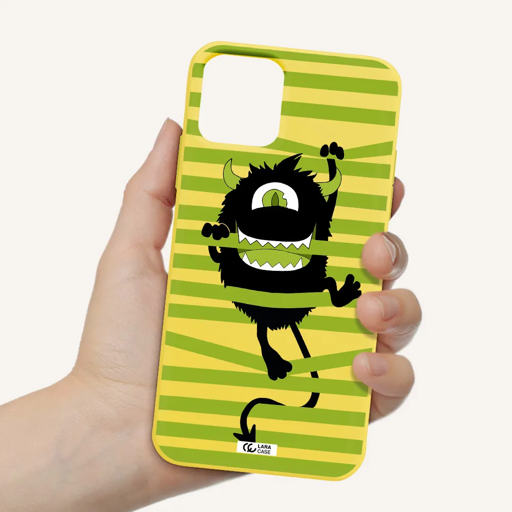 a black monster with horns and green stripes Apple iPhone 11 pro Silicone canary yellow Case