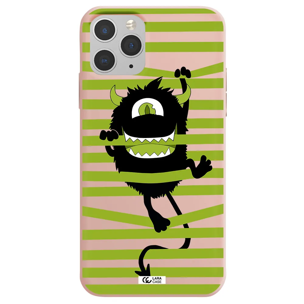 a black monster with horns and green stripes Apple iPhone 11 pro Silicone pastel pink Case