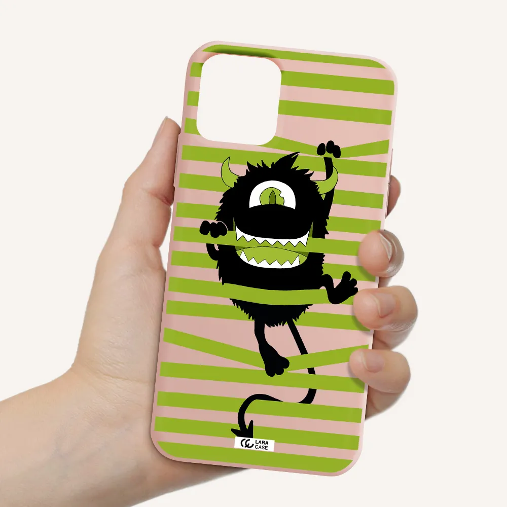 a black monster with horns and green stripes Apple iPhone 11 pro Silicone pastel pink Case