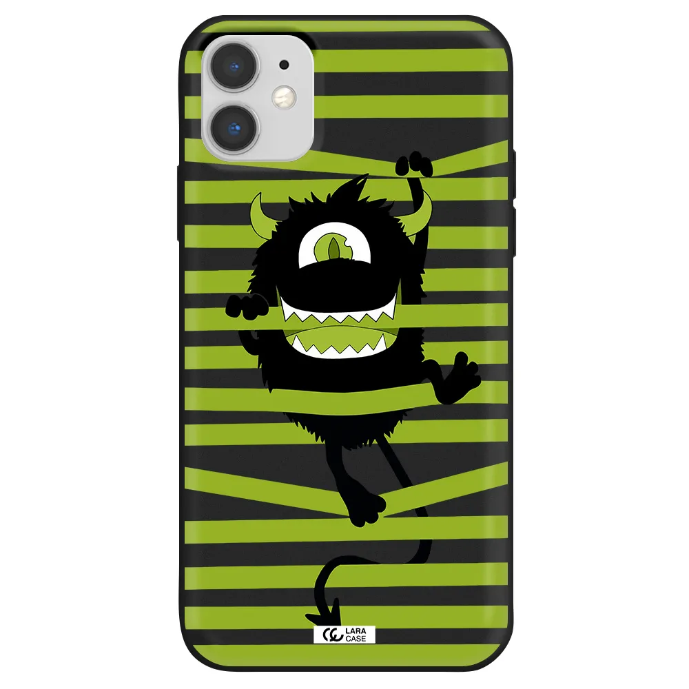 a black monster with horns and green stripes Apple iPhone 11 Silicone black Case