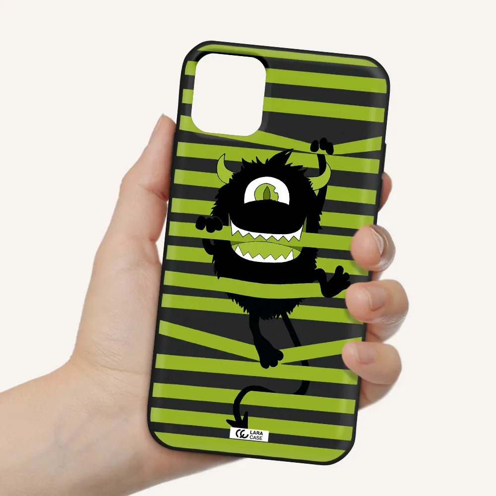 a black monster with horns and green stripes Apple iPhone 11 Silicone black Case