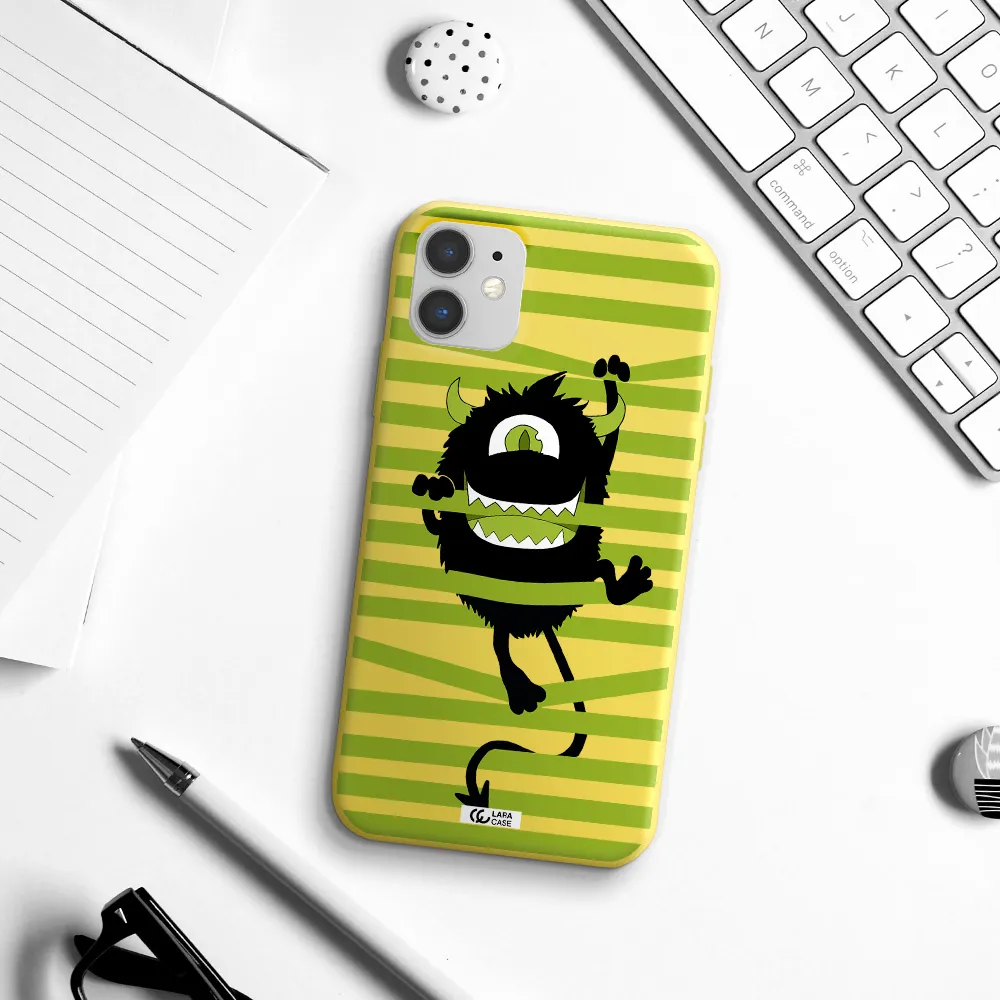 a black monster with horns and green stripes Apple iPhone 11 Silicone canary yellow Case