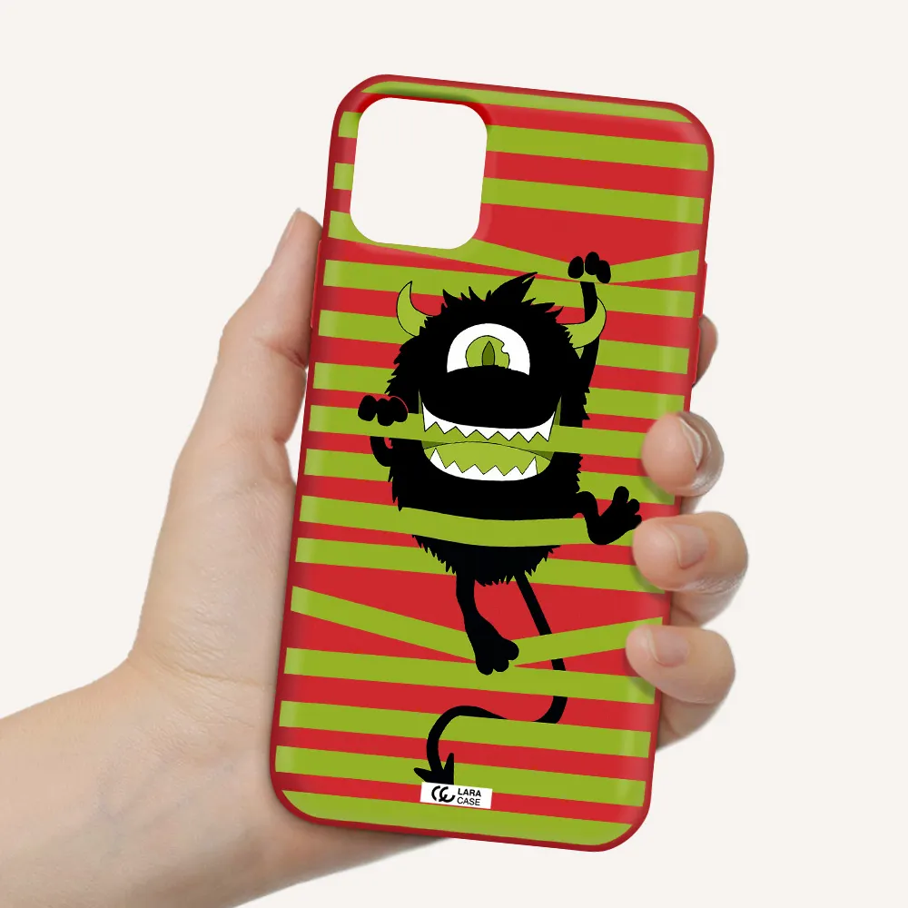 a black monster with horns and green stripes Apple iPhone 11 Silicone Imperial Red Case