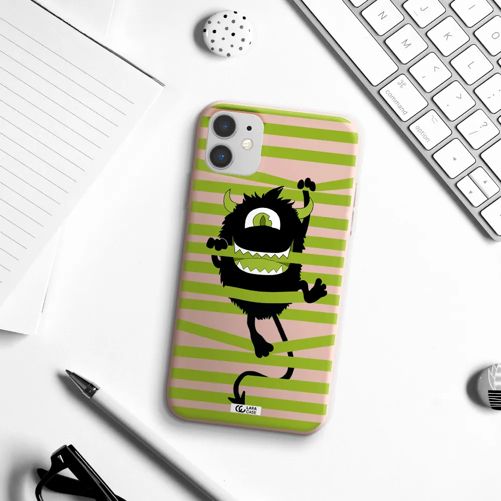 a black monster with horns and green stripes Apple iPhone 11 Silicone pastel pink Case