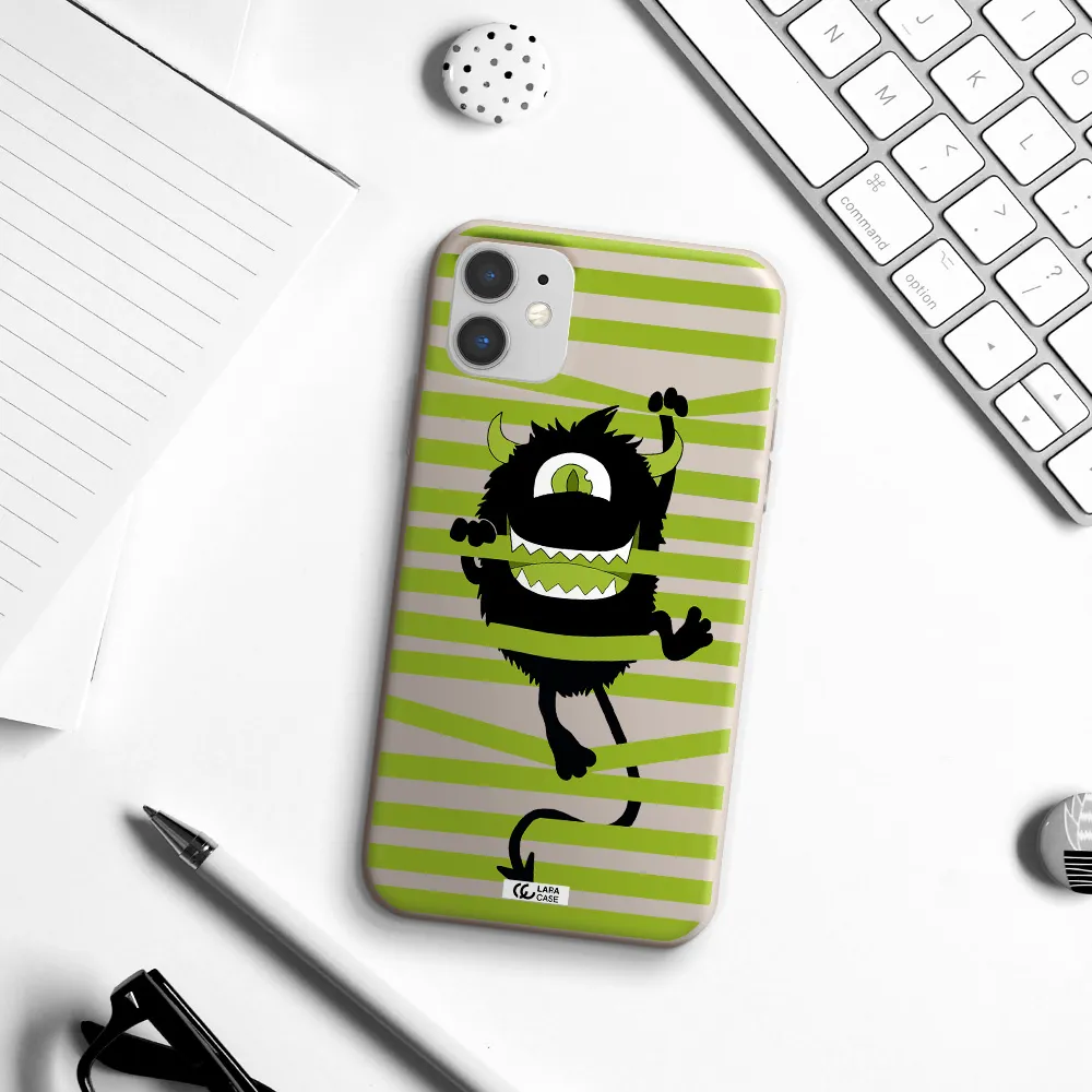 a black monster with horns and green stripes Apple iPhone 11 Silicone Stone Case
