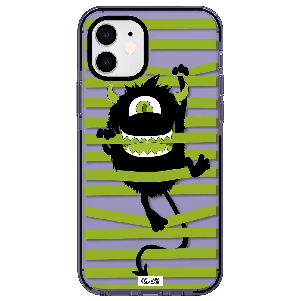 a black monster with horns and green stripes Apple iPhone 12 impact Lilac Case