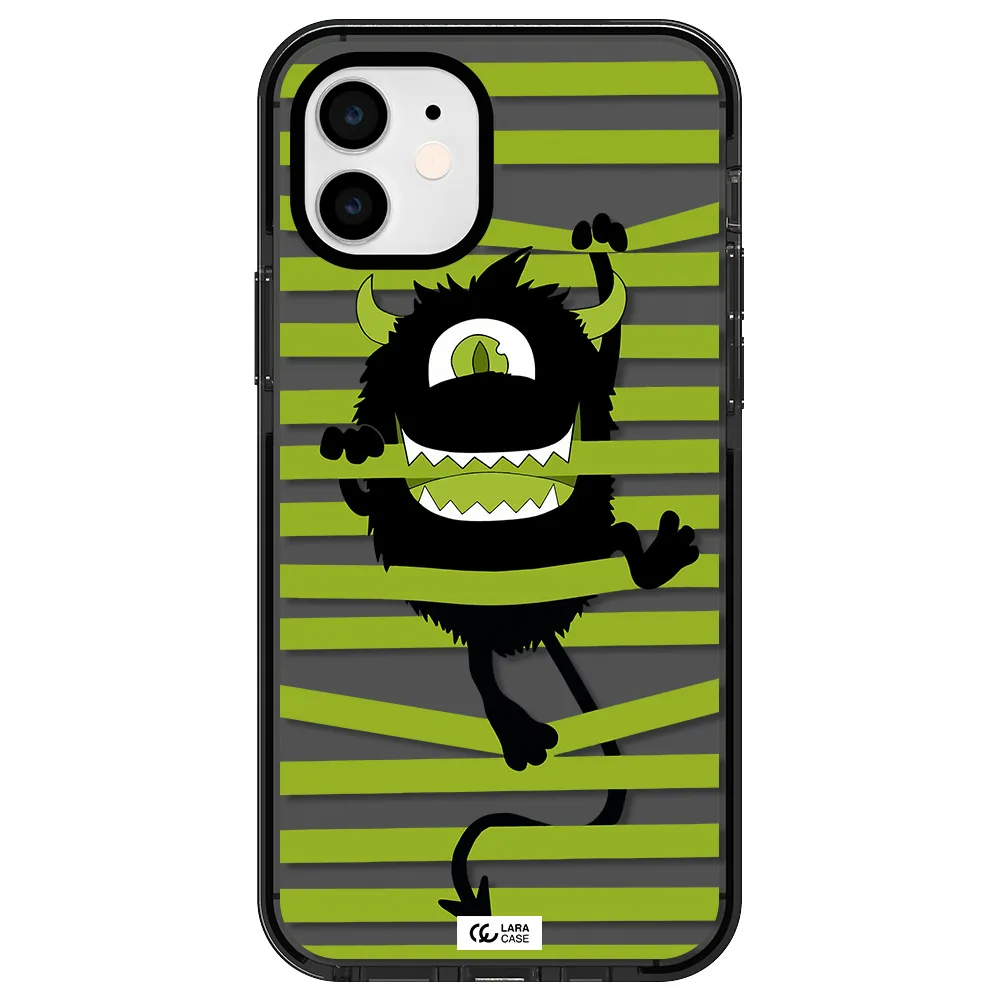 a black monster with horns and green stripes Apple iPhone 12 impact Smoke Black Case