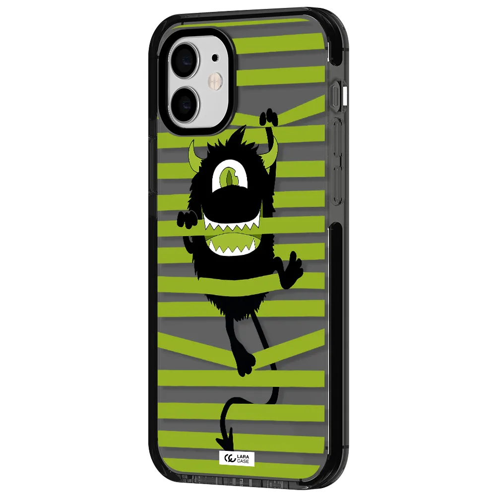 a black monster with horns and green stripes Apple iPhone 12 impact Smoke Black Case