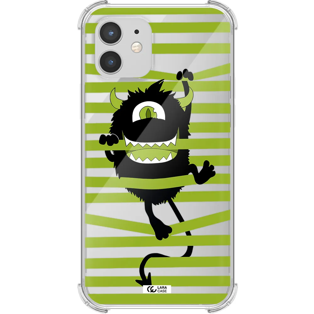 a black monster with horns and green stripes Apple iPhone 12 mini Clear PC Case
