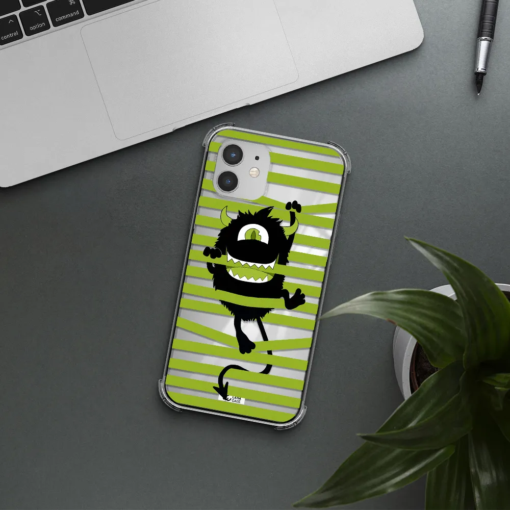 a black monster with horns and green stripes Apple iPhone 12 mini Clear PC Case