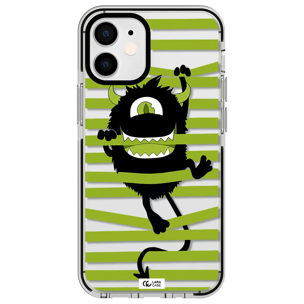 a black monster with horns and green stripes Apple iPhone 12 mini impact black border Case