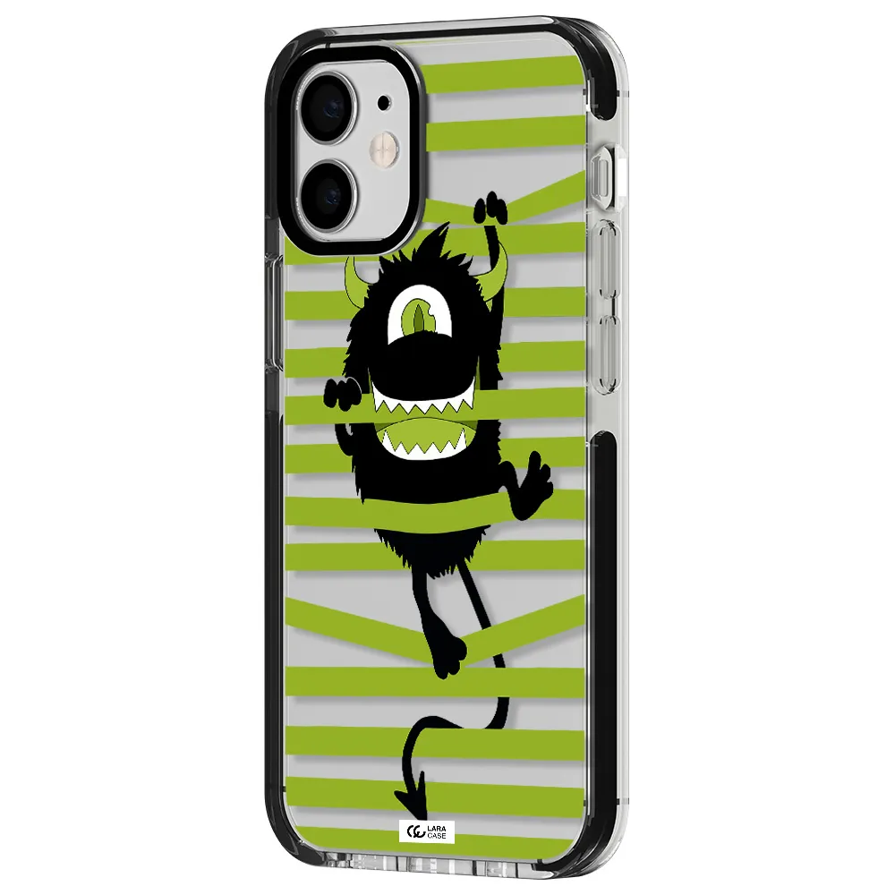 a black monster with horns and green stripes Apple iPhone 12 mini impact black border Case
