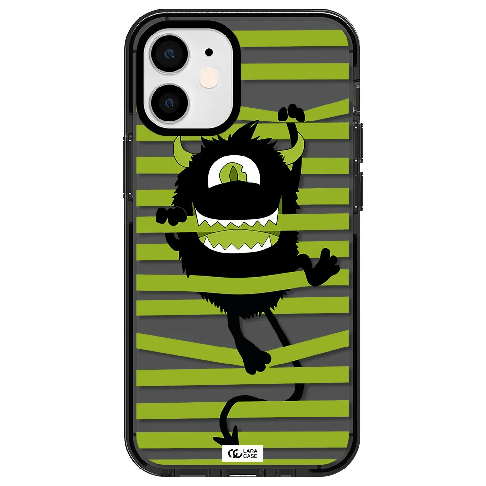 a black monster with horns and green stripes Apple iPhone 12 mini impact Smoke Black Case