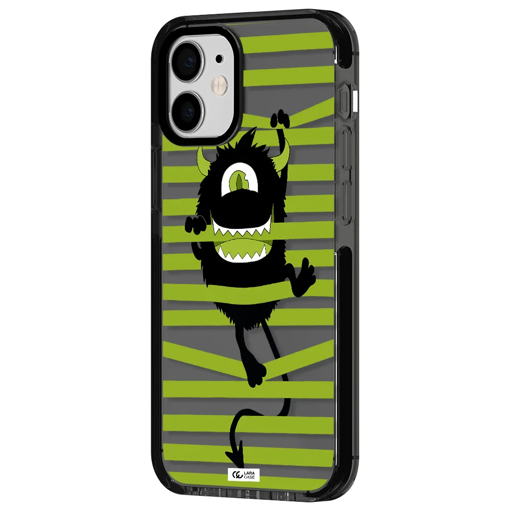 a black monster with horns and green stripes Apple iPhone 12 mini impact Smoke Black Case