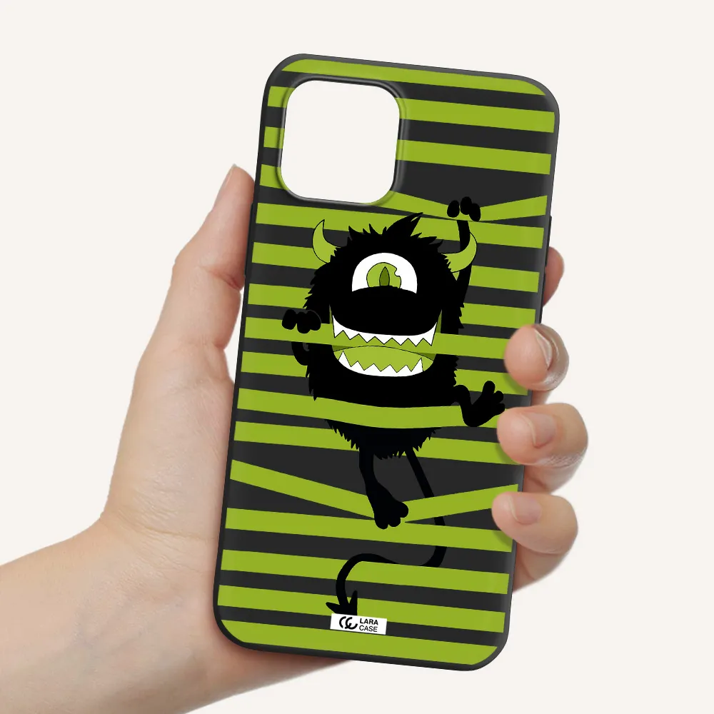 a black monster with horns and green stripes Apple iPhone 12 mini Silicone black Case
