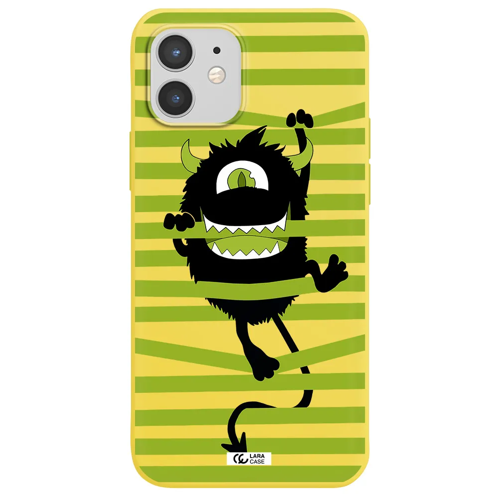 a black monster with horns and green stripes Apple iPhone 12 mini Silicone canary yellow Case