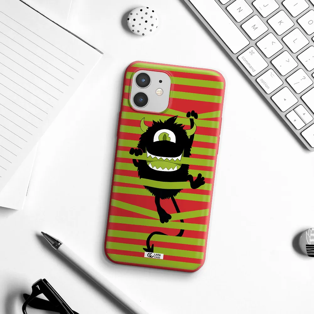 a black monster with horns and green stripes Apple iPhone 12 mini Silicone Imperial Red Case