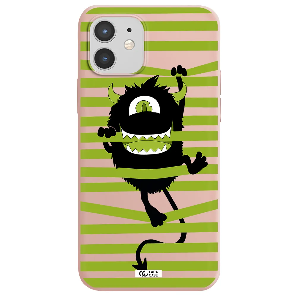 a black monster with horns and green stripes Apple iPhone 12 mini Silicone pastel pink Case