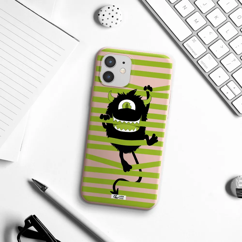 a black monster with horns and green stripes Apple iPhone 12 mini Silicone pastel pink Case